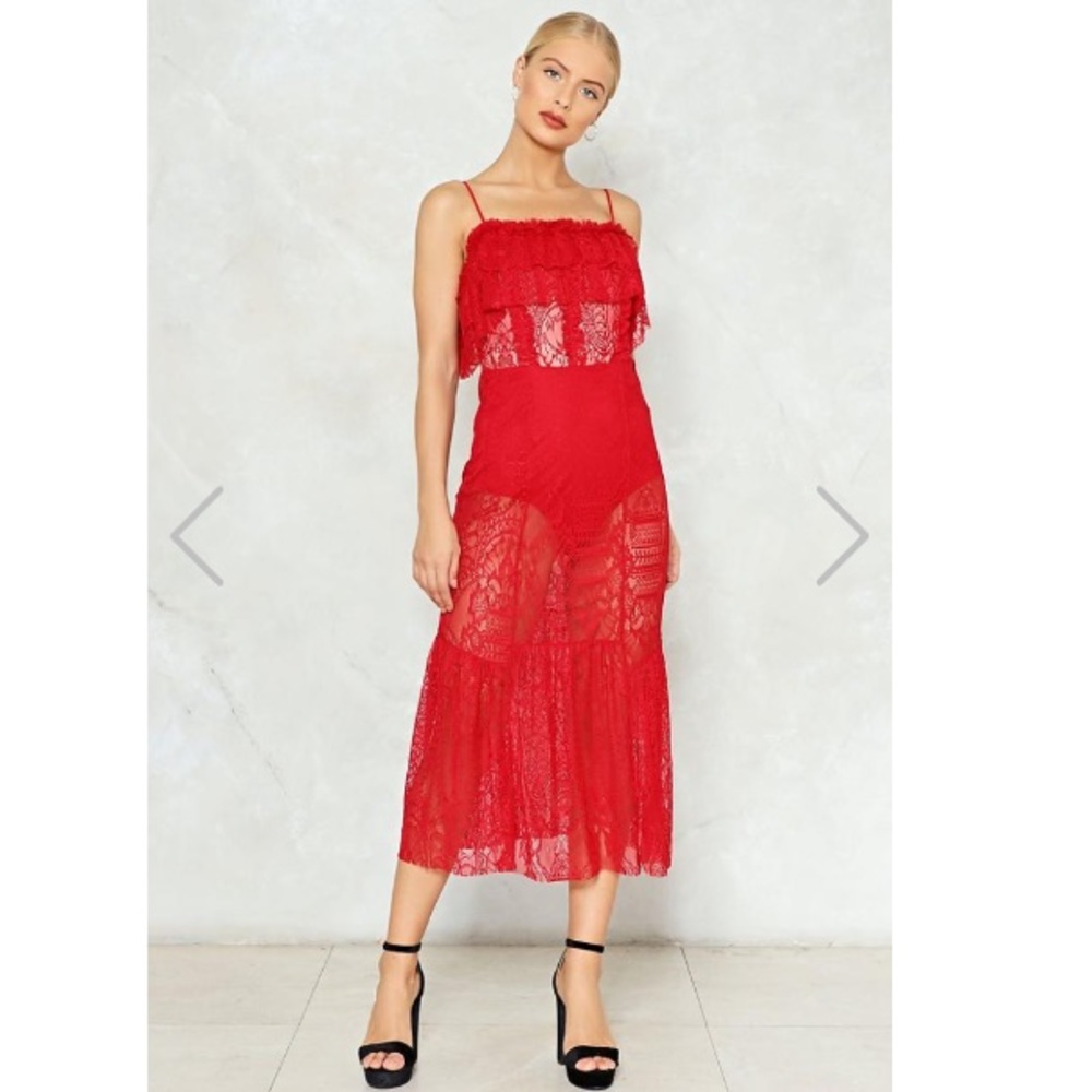 NWT Nasty Gal Red Lace Sheer Midi Dress Sz Medium